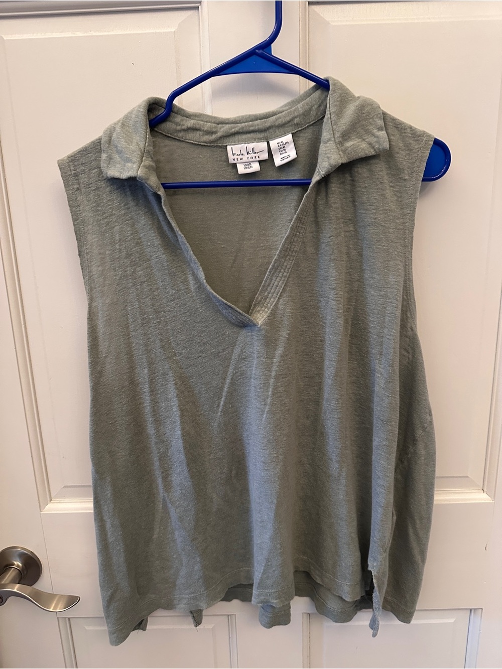 Nicole Miller New York Sage Green 100% Linen Sleeveless Collared Top XL